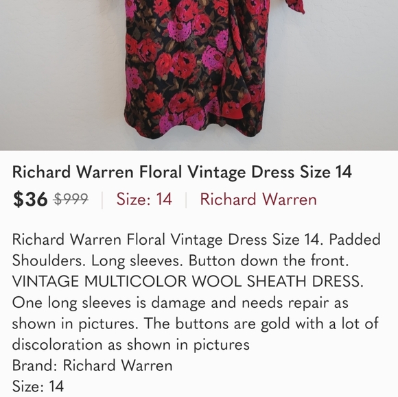 Richard Warren Vintage 100% Wool Floral Dress 10 - Picture 10 of 11